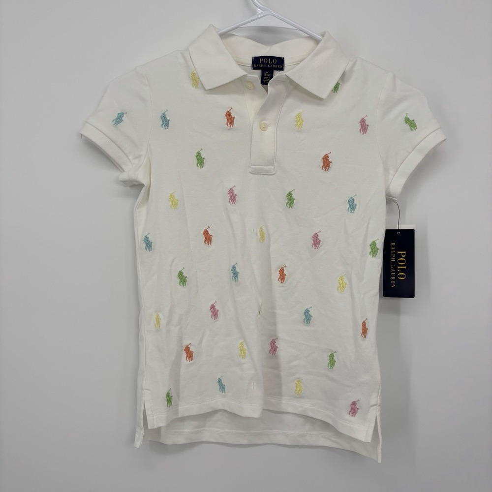 Polo Ralph Lauren Horse Logo Everywhere Shirt Top White Girls Size Medium 8/10